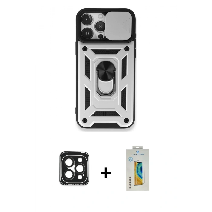 MARSİLYAN™- iPhone 15 Pro Max Kılıf Ahenk Klasik - Siyah Polymer Nano Ekran Koruyucu + PVD Metal Kamera Lens - SH