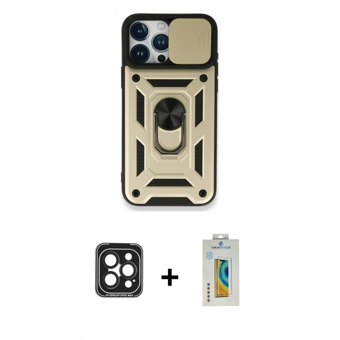 MARSİLYAN™- iPhone 15 Pro Max Kılıf Ahenk Klasik - Siyah Polymer Nano Ekran Koruyucu + PVD Metal Kamera Lens - SH
