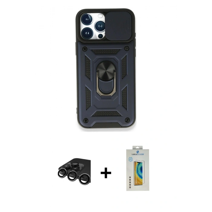 MARSİLYAN™- iPhone 15 Pro Max Kılıf Ahenk Klasik - Siyah Polymer Nano Ekran Koruyucu + Raze Metal Kamera Lens - TMGI