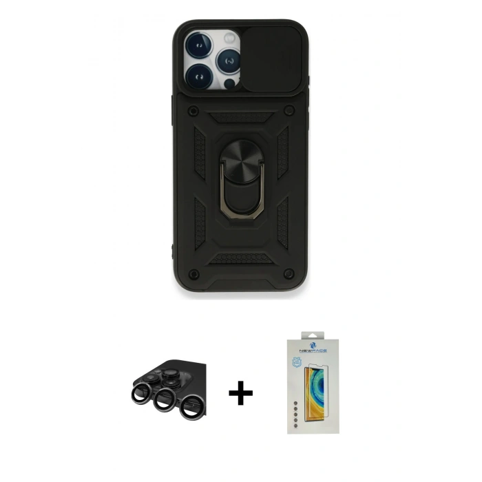 MARSİLYAN™- iPhone 15 Pro Max Kılıf Ahenk Klasik - Siyah Polymer Nano Ekran Koruyucu + Raze Metal Kamera Lens - TMGI