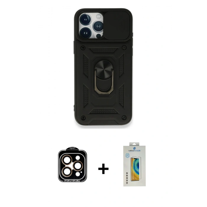MARSİLYAN™- iPhone 15 Pro Max Kılıf Ahenk Klasik - Siyah Polymer Nano Ekran Koruyucu + PVD Metal Kamera Lens - TU