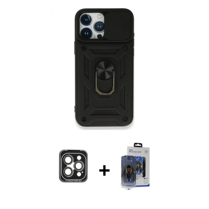 MARSİLYAN™- iPhone 15 Pro Max Kılıf Ahenk Klasik - Siyah Vanessa Magic Cam + PVD Metal Kamera Lens - GI