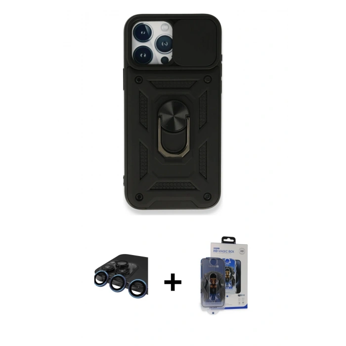MARSİLYAN™- iPhone 15 Pro Max Kılıf Ahenk Klasik - Siyah Vanessa Magic Cam + Raze Metal Kamera Lens - LT