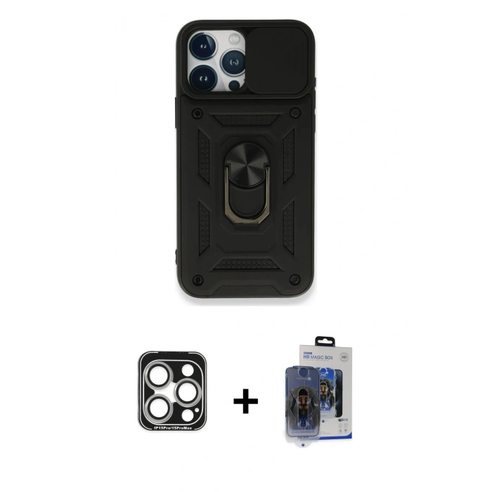 MARSİLYAN™- iPhone 15 Pro Max Kılıf Ahenk Klasik - Siyah Vanessa Magic Cam + PVD Metal Kamera Lens - GS