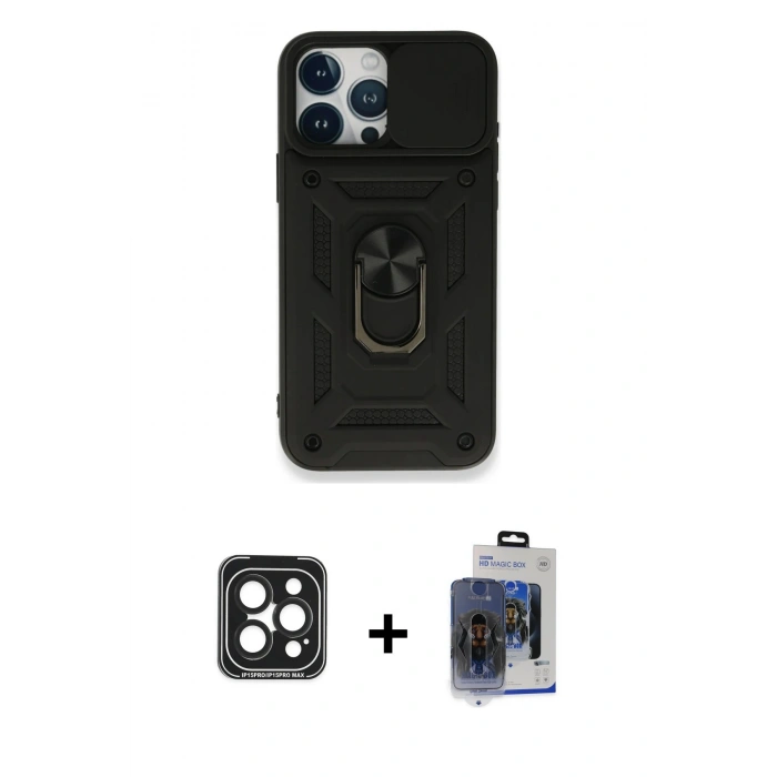 MARSİLYAN™- iPhone 15 Pro Max Kılıf Ahenk Klasik - Siyah Vanessa Magic Cam + PVD Metal Kamera Lens - SH