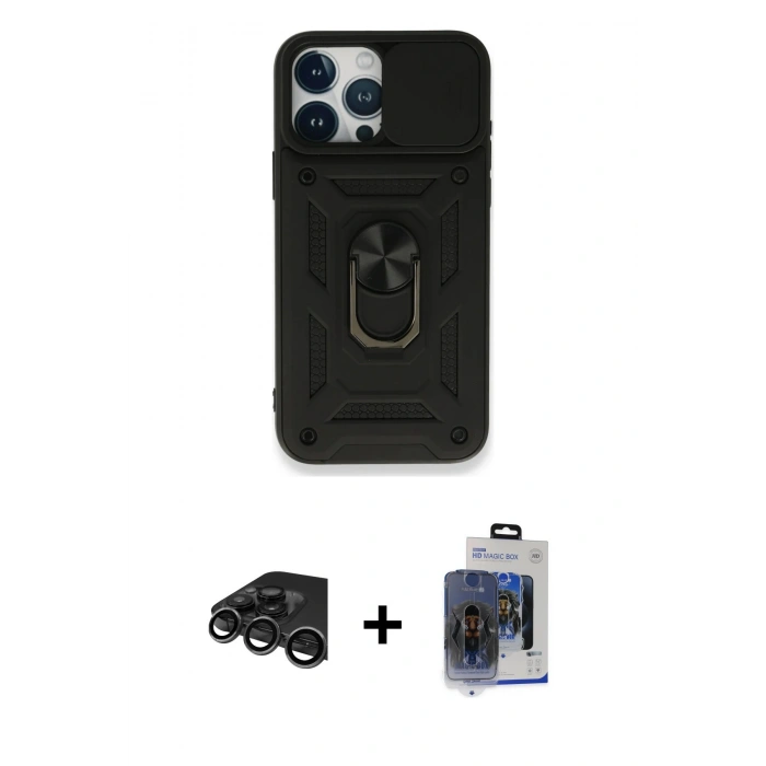 MARSİLYAN™- iPhone 15 Pro Max Kılıf Ahenk Klasik - Siyah Vanessa Magic Cam + Raze Metal Kamera Lens - TMGI