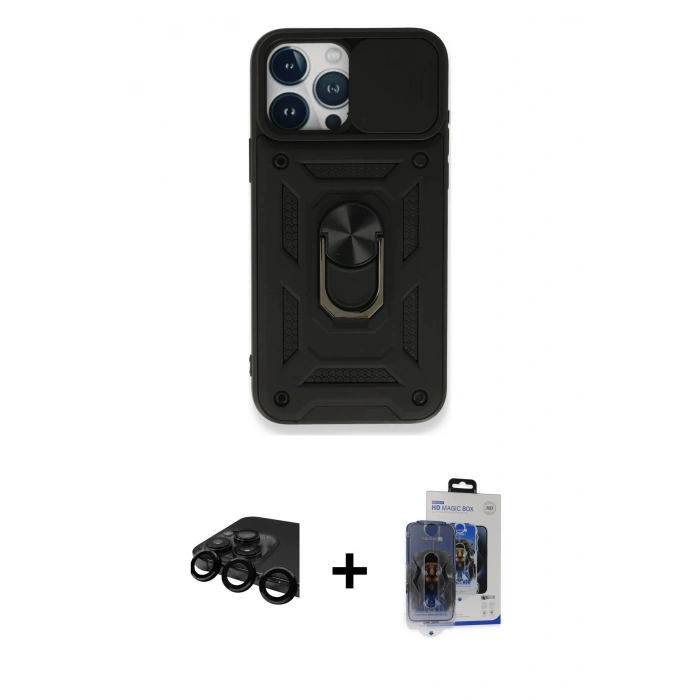 MARSİLYAN™- iPhone 15 Pro Max Kılıf Ahenk Klasik - Siyah Vanessa Magic Cam + Raze Metal Kamera Lens - SH
