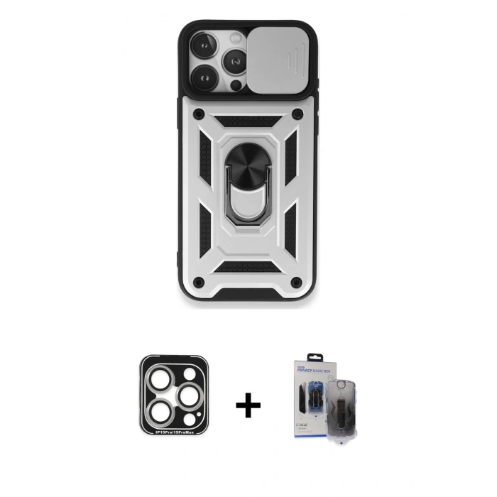 MARSİLYAN™- iPhone 15 Pro Max Kılıf Ahenk Klasik - Siyah Vanessa Magic Hayalet Cam + Gümüş PVD Metal Kamera Lens
