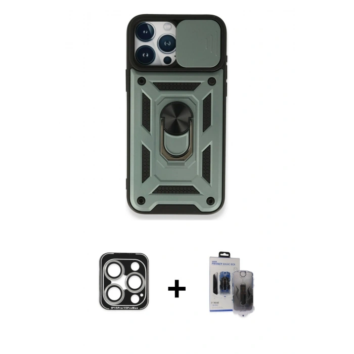 MARSİLYAN™- iPhone 15 Pro Max Kılıf Ahenk Klasik - Siyah Vanessa Magic Hayalet Cam + Gümüş PVD Metal Kamera Lens