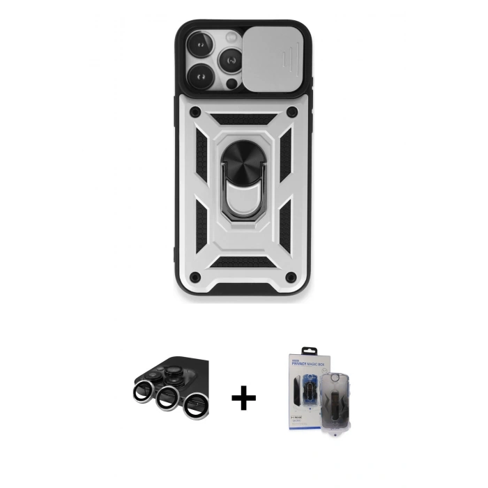 MARSİLYAN™- iPhone 15 Pro Max Kılıf Ahenk Klasik - Siyah Vanessa Magic Hayalet Cam + Gümüş Raze Metal Kamera Lens