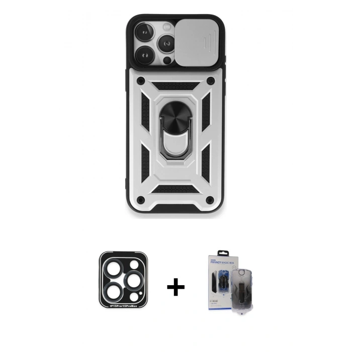 MARSİLYAN™- iPhone 15 Pro Max Kılıf Ahenk Klasik - Siyah Vanessa Magic Hayalet Cam + Lacivert PVD Metal Kamera Lens