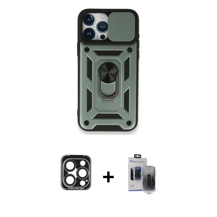 MARSİLYAN™- iPhone 15 Pro Max Kılıf Ahenk Klasik - Siyah Vanessa Magic Hayalet Cam + Lacivert PVD Metal Kamera Lens