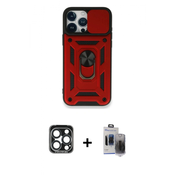 MARSİLYAN™- iPhone 15 Pro Max Kılıf Ahenk Klasik - Siyah Vanessa Magic Hayalet Cam + Lacivert PVD Metal Kamera Lens