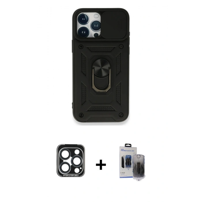 MARSİLYAN™- iPhone 15 Pro Max Kılıf Ahenk Klasik - Siyah Vanessa Magic Hayalet Cam + Lacivert PVD Metal Kamera Lens
