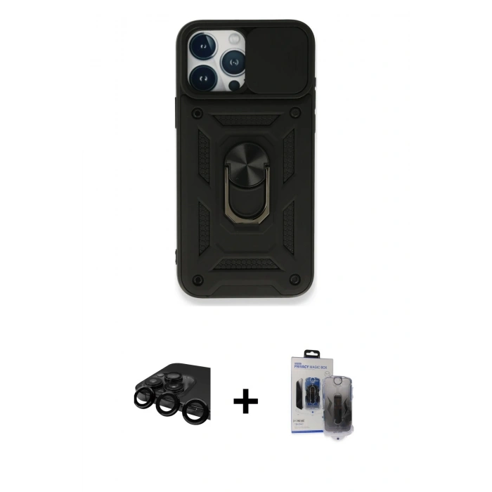 MARSİLYAN™- iPhone 15 Pro Max Kılıf Ahenk Klasik - Siyah Vanessa Magic Hayalet Cam + Raze Metal Kamera Lens - SH
