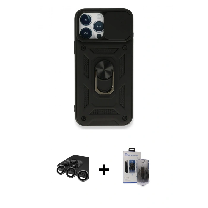 MARSİLYAN™- iPhone 15 Pro Max Kılıf Ahenk Klasik - Siyah Vanessa Magic Hayalet Cam + Raze Metal Kamera Lens - TMGI