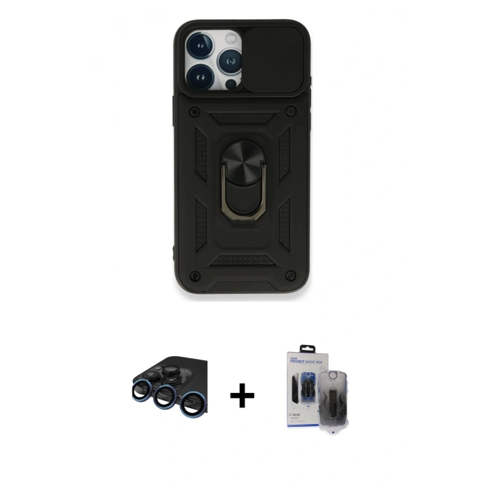 MARSİLYAN™- iPhone 15 Pro Max Kılıf Ahenk Klasik - Siyah Vanessa Magic Hayalet Cam + Raze Metal Kamera Lens - LT