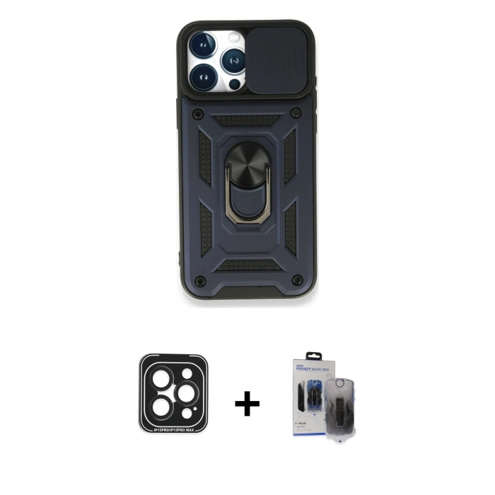 MARSİLYAN™- iPhone 15 Pro Max Kılıf Ahenk Klasik - Siyah Vanessa Magic Hayalet Cam + Siyah PVD Metal Kamera Lens
