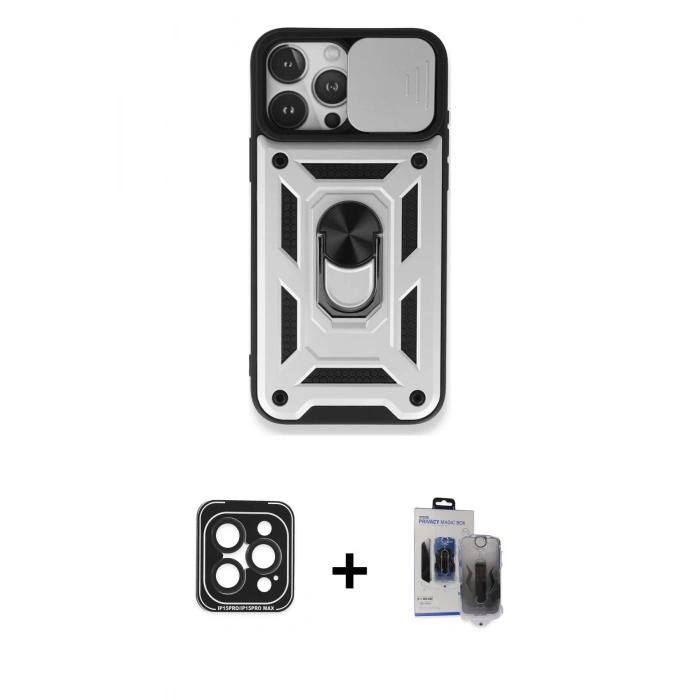 MARSİLYAN™- iPhone 15 Pro Max Kılıf Ahenk Klasik - Siyah Vanessa Magic Hayalet Cam + Siyah PVD Metal Kamera Lens