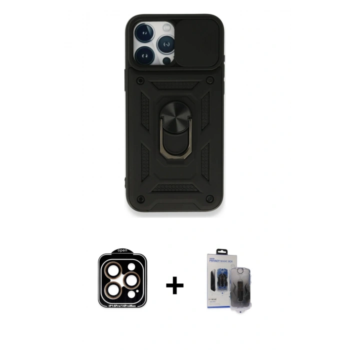 MARSİLYAN™- iPhone 15 Pro Max Kılıf Ahenk Klasik - Siyah Vanessa Magic Hayalet Cam + Turuncu PVD Metal Kamera Lens