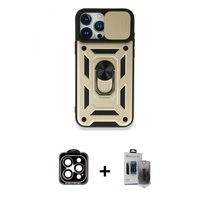 MARSİLYAN™- iPhone 15 Pro Max Kılıf Ahenk Klasik - Siyah Vanessa Magic Hayalet Cam + Turuncu PVD Metal Kamera Lens
