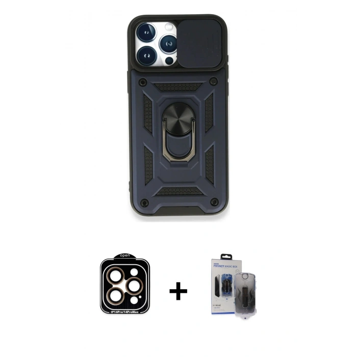 MARSİLYAN™- iPhone 15 Pro Max Kılıf Ahenk Klasik - Siyah Vanessa Magic Hayalet Cam + Turuncu PVD Metal Kamera Lens