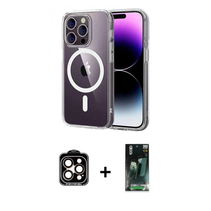 MARSİLYAN™- iPhone 15 Pro Max Kılıf Ahenk Minimal Serisi - Şeffaf 360 Full Body Arka Koruyucu + PVD Metal Kamera Lens - TU