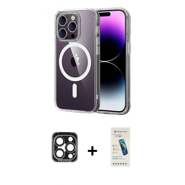 MARSİLYAN™- iPhone 15 Pro Max Kılıf Ahenk Minimal Serisi - Şeffaf Pasifik Cam Ekran Koruyucu + PVD Metal Kamera Lens - LT