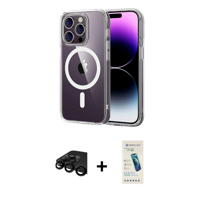 MARSİLYAN™- iPhone 15 Pro Max Kılıf Ahenk Minimal Serisi - Şeffaf Pasifik Cam Ekran Koruyucu + Raze Metal Kamera Lens - SH
