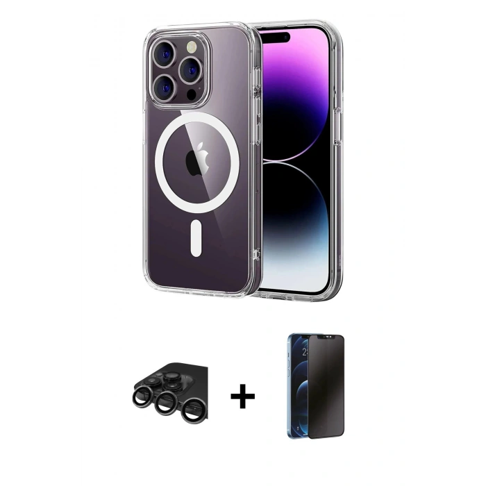 MARSİLYAN™- iPhone 15 Pro Max Kılıf Ahenk Minimal Serisi - Siyah 3D Antistatik Hayalet Cam Ekran Koruyucu + Raze Metal Kamera Lens - TMGI