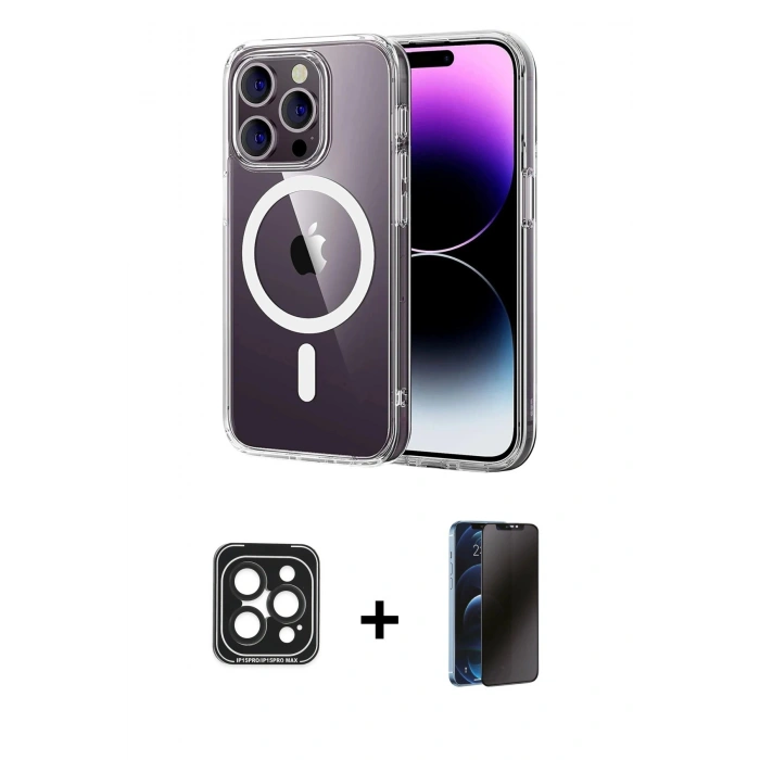 MARSİLYAN™- iPhone 15 Pro Max Kılıf Ahenk Minimal Serisi - Siyah 3D Antistatik Hayalet Cam Ekran Koruyucu + PVD Metal Kamera Lens - SH
