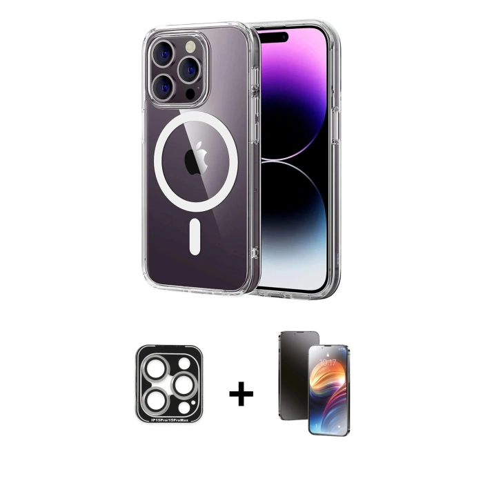 MARSİLYAN™- iPhone 15 Pro Max Kılıf Ahenk Minimal Serisi - Siyah 3D Antistatik Mat Seramik Nano Ekran Koruyucu + PVD Metal Kamera Lens - GS