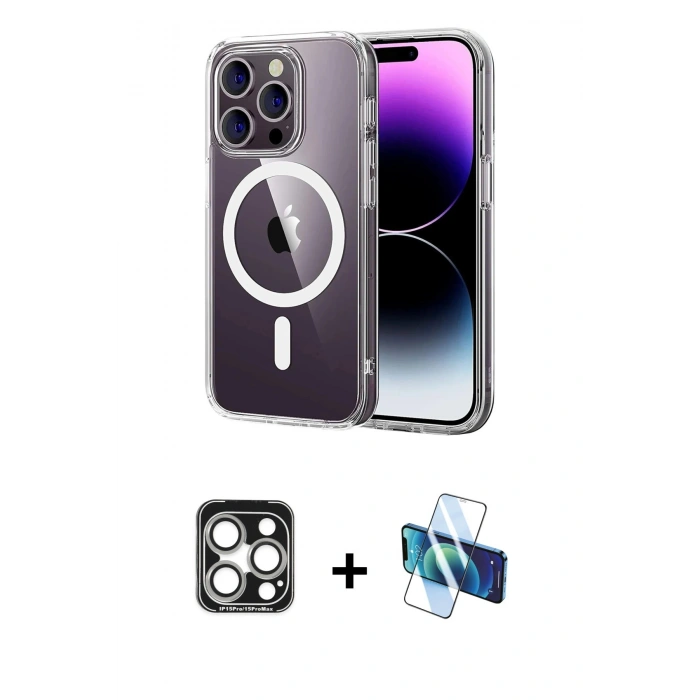 MARSİLYAN™- iPhone 15 Pro Max Kılıf Ahenk Minimal Serisi - Siyah 3D Antistatik Seramik Nano Ekran Koruyucu + PVD Metal Kamera Lens - GS