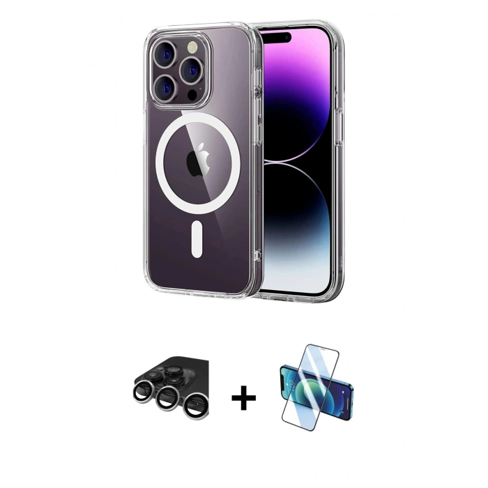 MARSİLYAN™- iPhone 15 Pro Max Kılıf Ahenk Minimal Serisi - Siyah 3D Antistatik Seramik Nano Ekran Koruyucu + Raze Metal Kamera Lens - GS