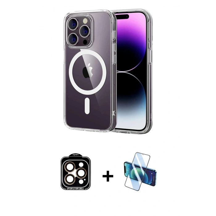 MARSİLYAN™- iPhone 15 Pro Max Kılıf Ahenk Minimal Serisi - Siyah 3D Antistatik Seramik Nano Ekran Koruyucu + PVD Metal Kamera Lens - TU