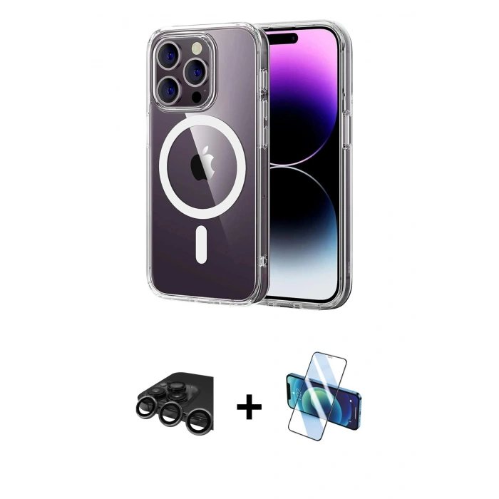 MARSİLYAN™- iPhone 15 Pro Max Kılıf Ahenk Minimal Serisi - Siyah 3D Antistatik Seramik Nano Ekran Koruyucu + Raze Metal Kamera Lens - TMGI