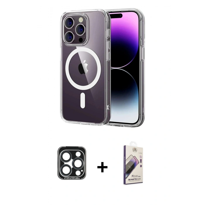 MARSİLYAN™- iPhone 15 Pro Max Kılıf Ahenk Minimal Serisi - Siyah Bilvis 3D Mat Cam Ekran Koruyucu + PVD Metal Kamera Lens - LT