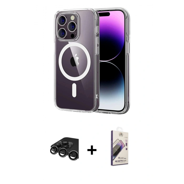 MARSİLYAN™- iPhone 15 Pro Max Kılıf Ahenk Minimal Serisi - Siyah Bilvis 3D Mat Cam Ekran Koruyucu + Raze Metal Kamera Lens - TMGI