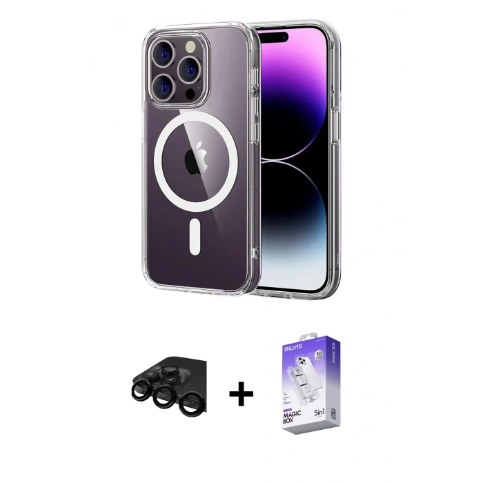 MARSİLYAN™- iPhone 15 Pro Max Kılıf Ahenk Minimal Serisi - Siyah Bilvis 5in1 3D Magic Cam Ekran Koruyucu + Raze Metal Kamera Lens - SH