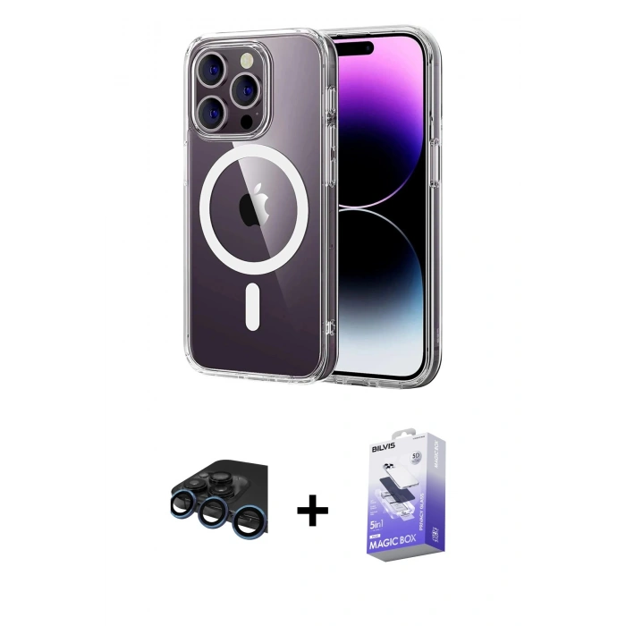 MARSİLYAN™- iPhone 15 Pro Max Kılıf Ahenk Minimal Serisi - Siyah Bilvis 5in1 5D Magic Hayalet Cam Ekran Koruyucu + Raze Metal Kamera Lens - LT