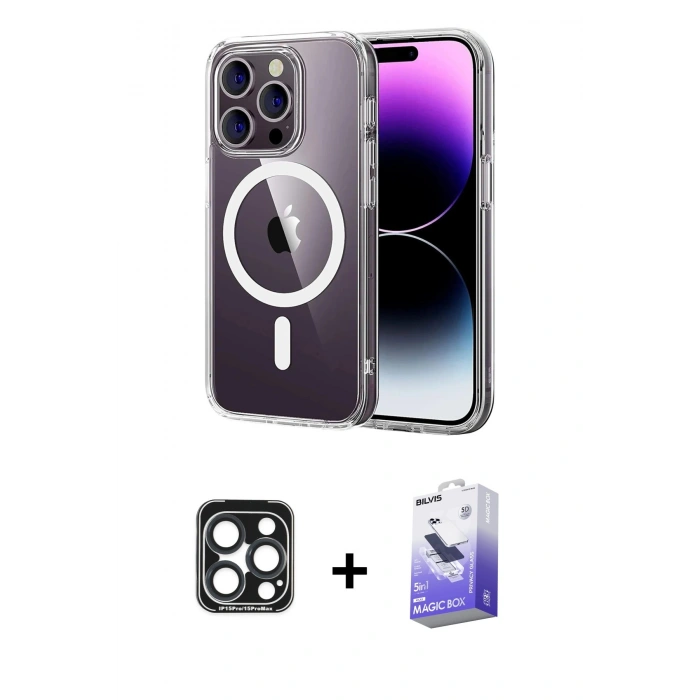 MARSİLYAN™- iPhone 15 Pro Max Kılıf Ahenk Minimal Serisi - Siyah Bilvis 5in1 5D Magic Hayalet Cam Ekran Koruyucu + PVD Metal Kamera Lens - LT