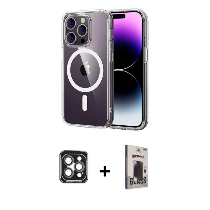 MARSİLYAN™- iPhone 15 Pro Max Kılıf Ahenk Minimal Serisi - Siyah Bilvis Hayalet Cam Ekran Koruyucu + PVD Metal Kamera Lens - GI