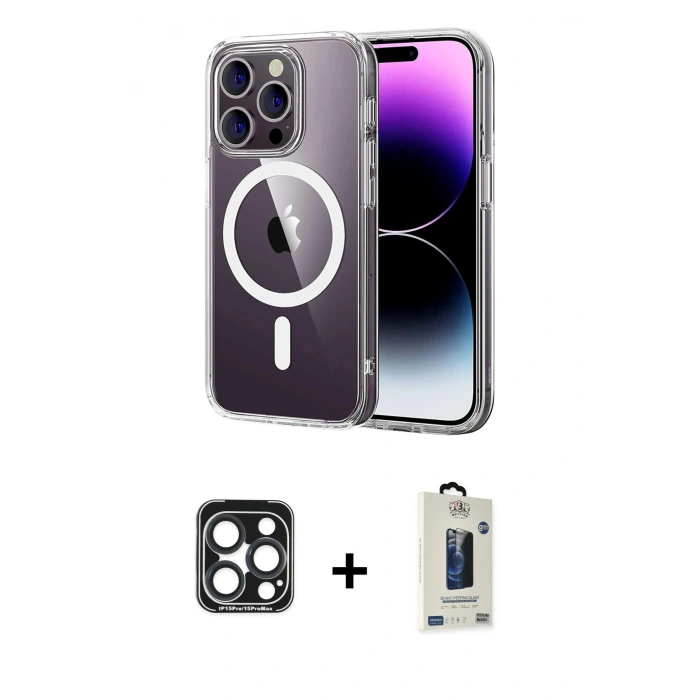MARSİLYAN™- iPhone 15 Pro Max Kılıf Ahenk Minimal Serisi - Siyah Bilvis Hayalet Cam Ekran Koruyucu + PVD Metal Kamera Lens - LT