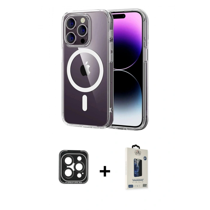 MARSİLYAN™- iPhone 15 Pro Max Kılıf Ahenk Minimal Serisi - Siyah Bilvis Hayalet Cam Ekran Koruyucu + PVD Metal Kamera Lens - SH