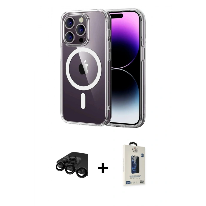 MARSİLYAN™- iPhone 15 Pro Max Kılıf Ahenk Minimal Serisi - Siyah Bilvis Hayalet Cam Ekran Koruyucu + Raze Metal Kamera Lens - SH