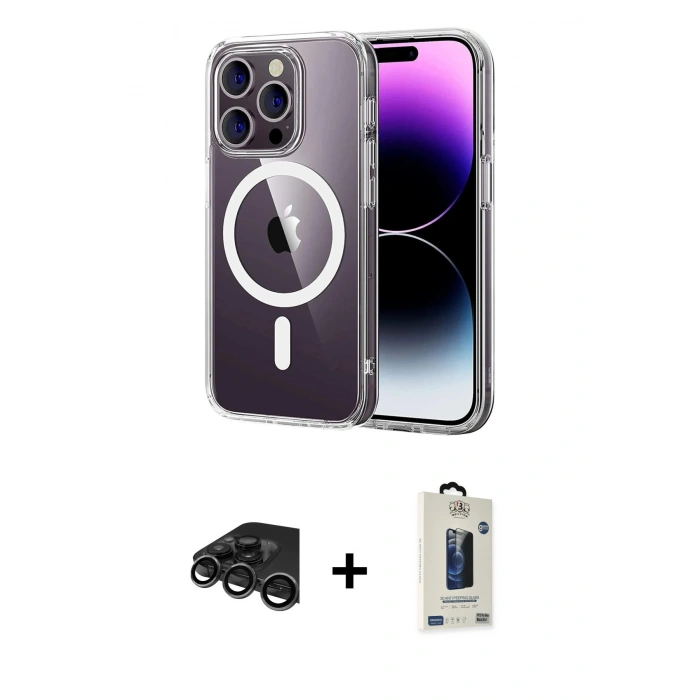 MARSİLYAN™- iPhone 15 Pro Max Kılıf Ahenk Minimal Serisi - Siyah Bilvis Hayalet Cam Ekran Koruyucu + Raze Metal Kamera Lens - TMGI