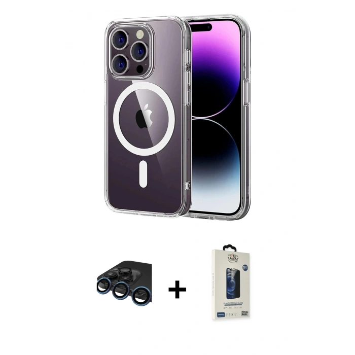 MARSİLYAN™- iPhone 15 Pro Max Kılıf Ahenk Minimal Serisi - Siyah Bilvis Hayalet Cam Ekran Koruyucu + Raze Metal Kamera Lens - LT