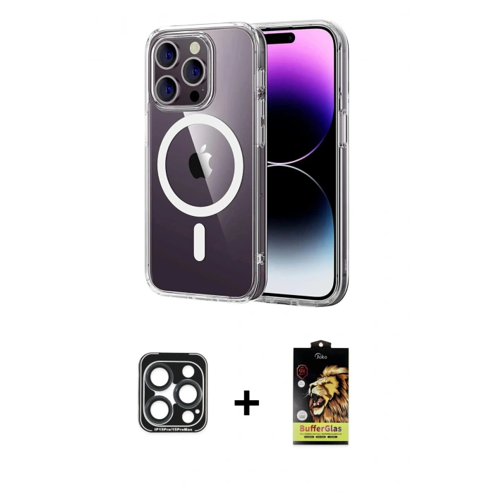MARSİLYAN™- iPhone 15 Pro Max Kılıf Ahenk Minimal Serisi - Siyah Buffer Cam Ekran Koruyucu + PVD Metal Kamera Lens - LT