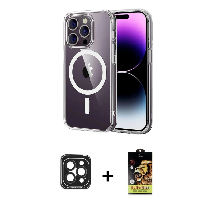 MARSİLYAN™- iPhone 15 Pro Max Kılıf Ahenk Minimal Serisi - Siyah Buffer Cam Ekran Koruyucu + PVD Metal Kamera Lens - SH