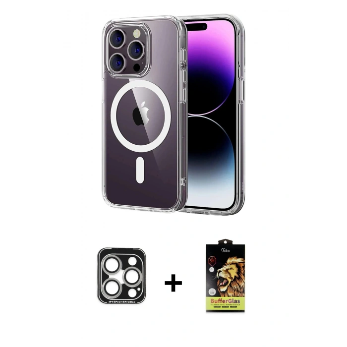 MARSİLYAN™- iPhone 15 Pro Max Kılıf Ahenk Minimal Serisi - Siyah Buffer Cam Ekran Koruyucu + PVD Metal Kamera Lens - GS